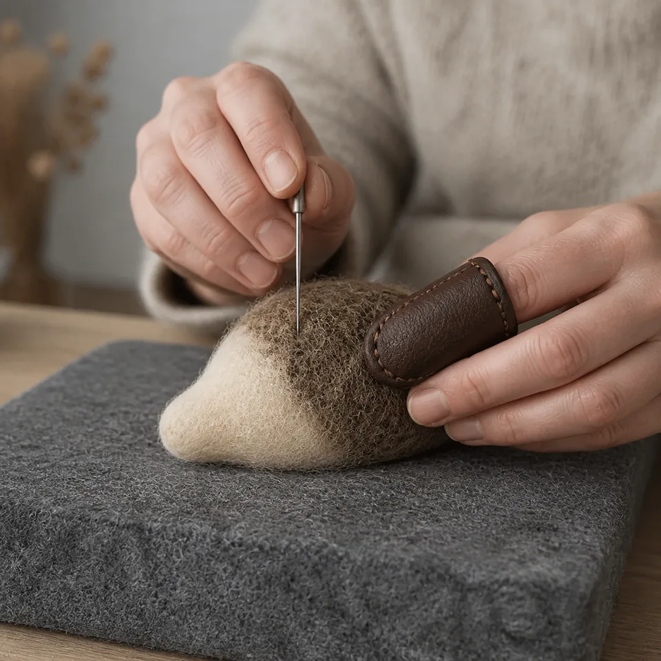 Handen die een klein egeltje van wol prikken op een onderlegmat