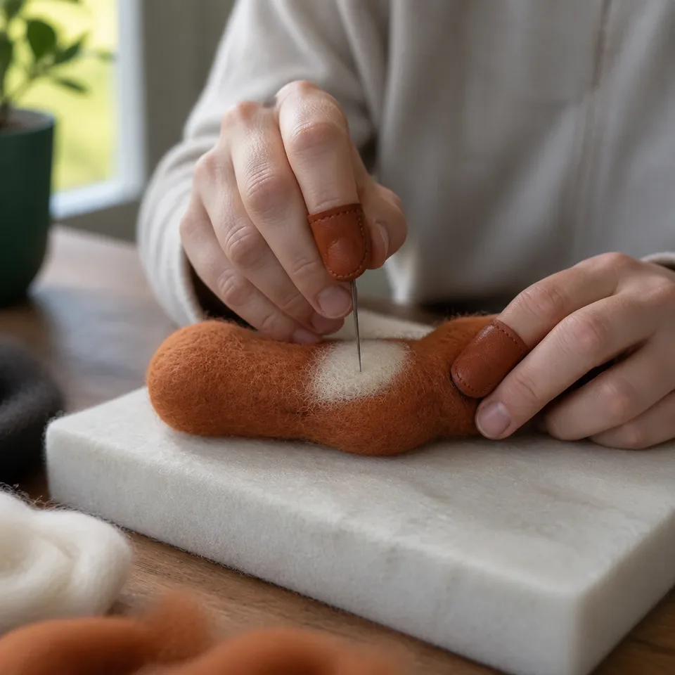 Handen die de oranje romp van een vos van wol vormen