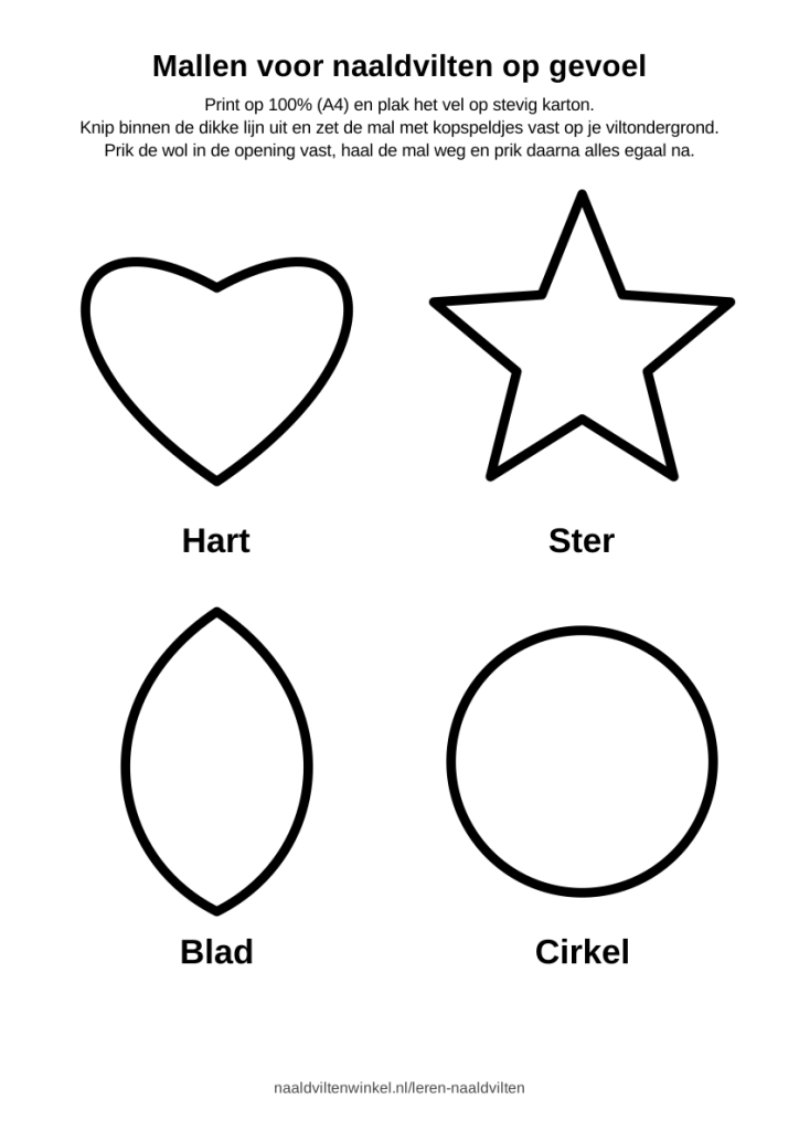 Vier mallen met dikke lijnen: hart, ster, blad en cirkel